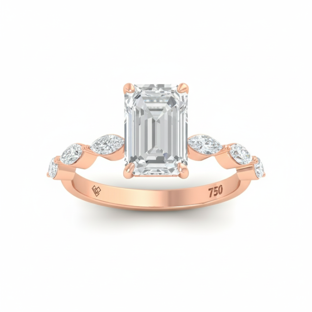 卡桑德拉祖母綠切割鑽石訂婚戒指，搭配馬眼形切割鑽石戒圈