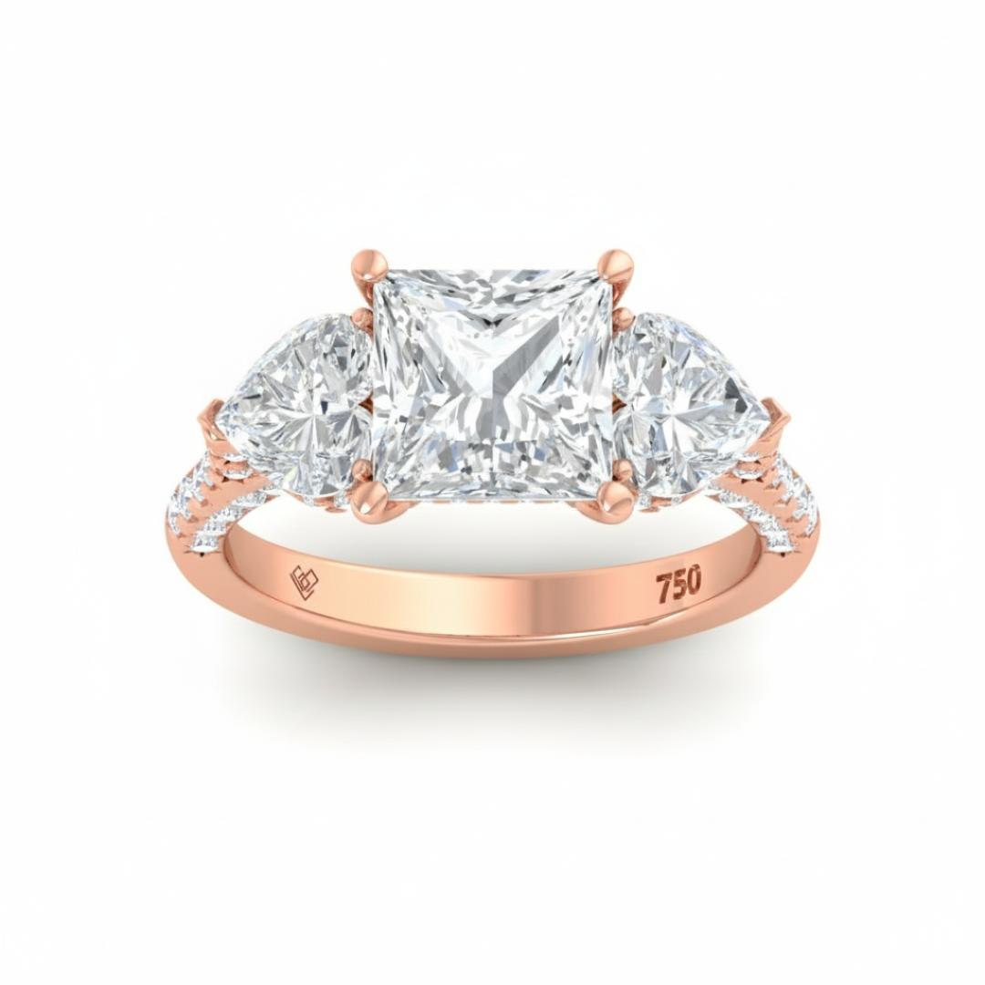 Victoria Princess Cut Diamond Engagement Ring with Heart Cut Side Diamonds and 3D Diamond Band