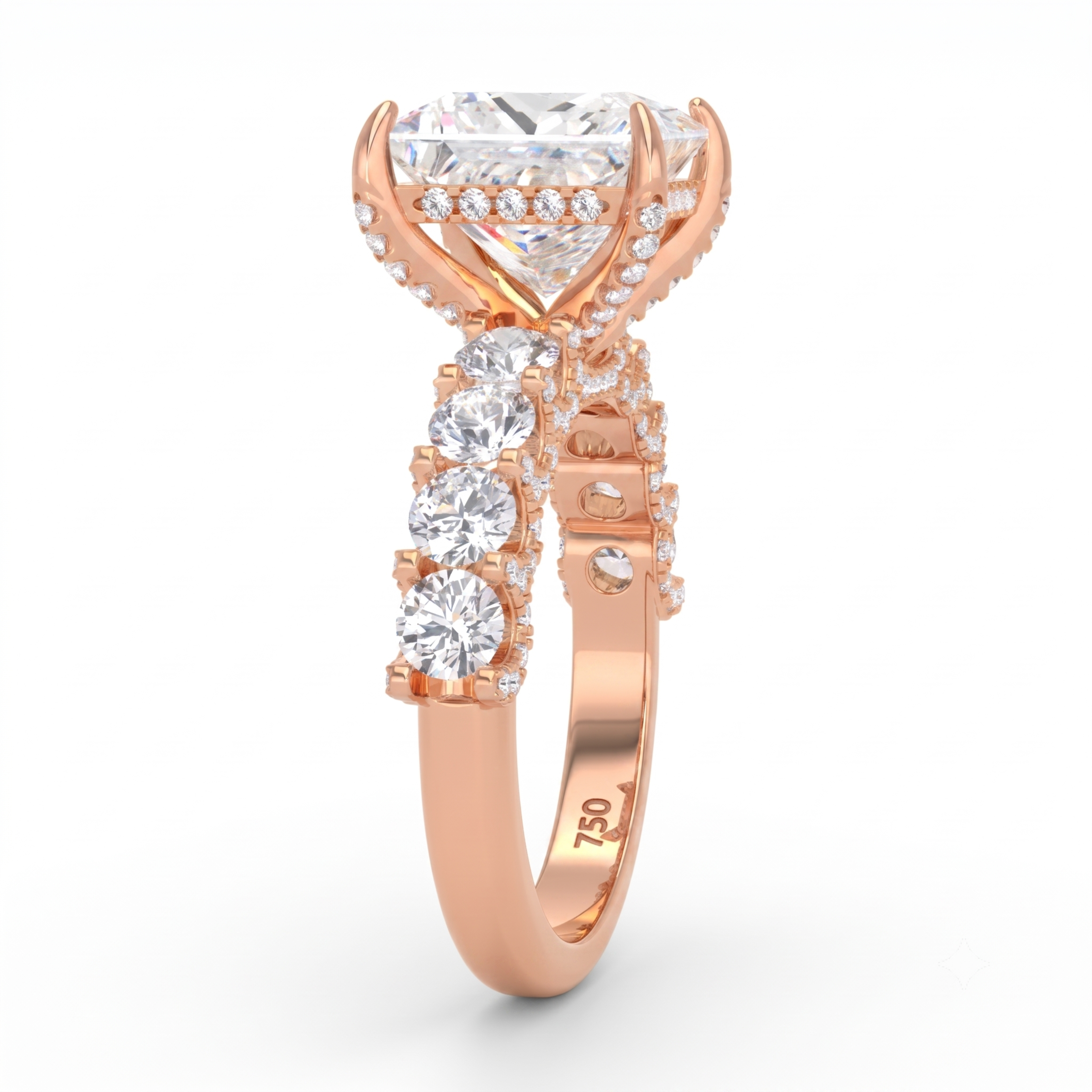 Juliette Princess Lab-Grown Diamond Engagement Ring featuring a Half-Set Diamond Band, Hidden Halo, and Pavé U-Shaped Prong Setting