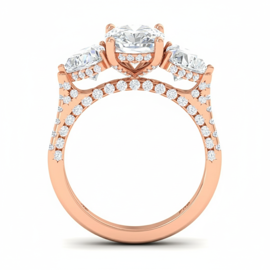 Victoria Cushion Cut Diamond Engagement Ring with Heart Cut Side Diamonds and 3D Diamond Band