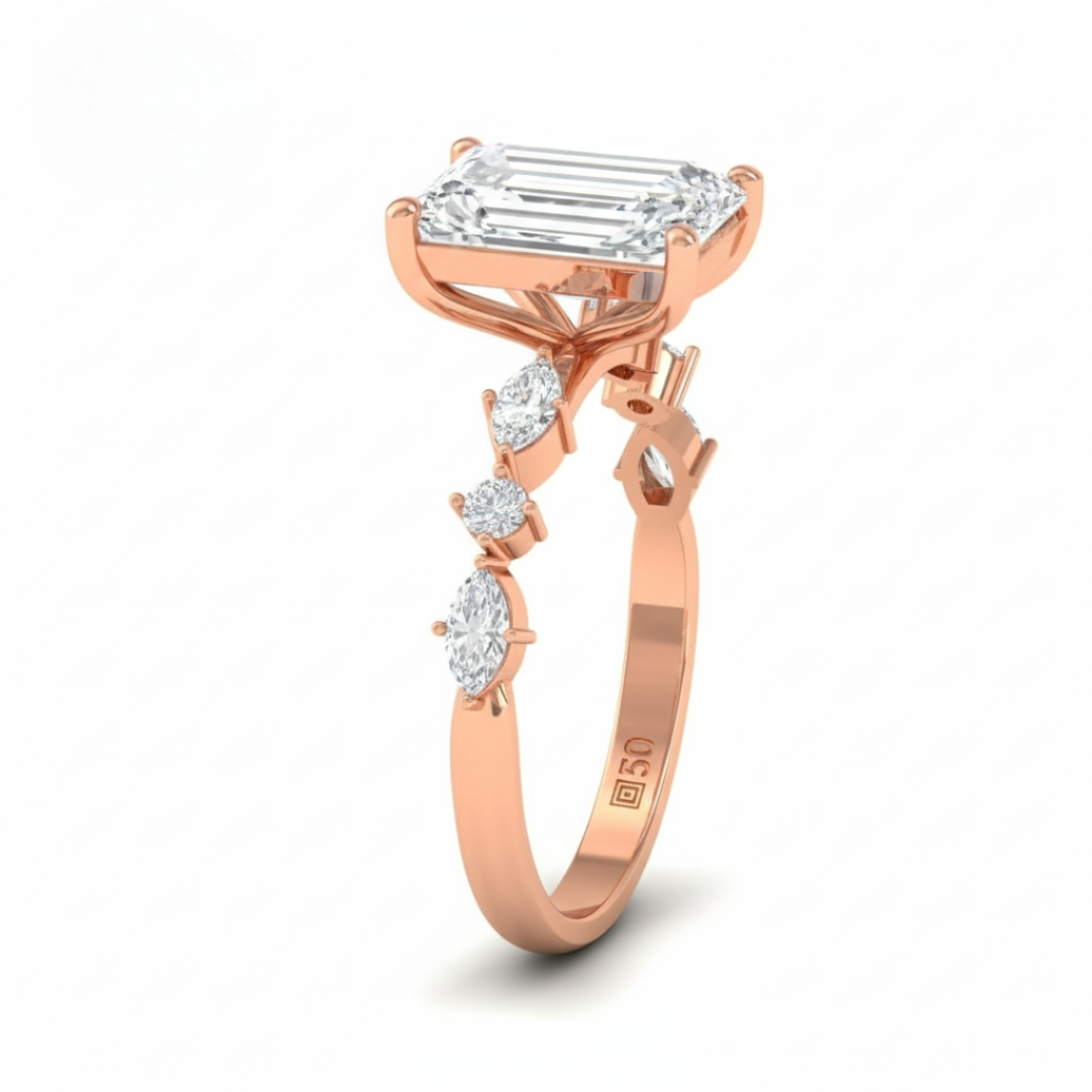 Elizabeth Radiant Cut Diamond Engagement Ring With A Marquise And Round Cut Diamond Band