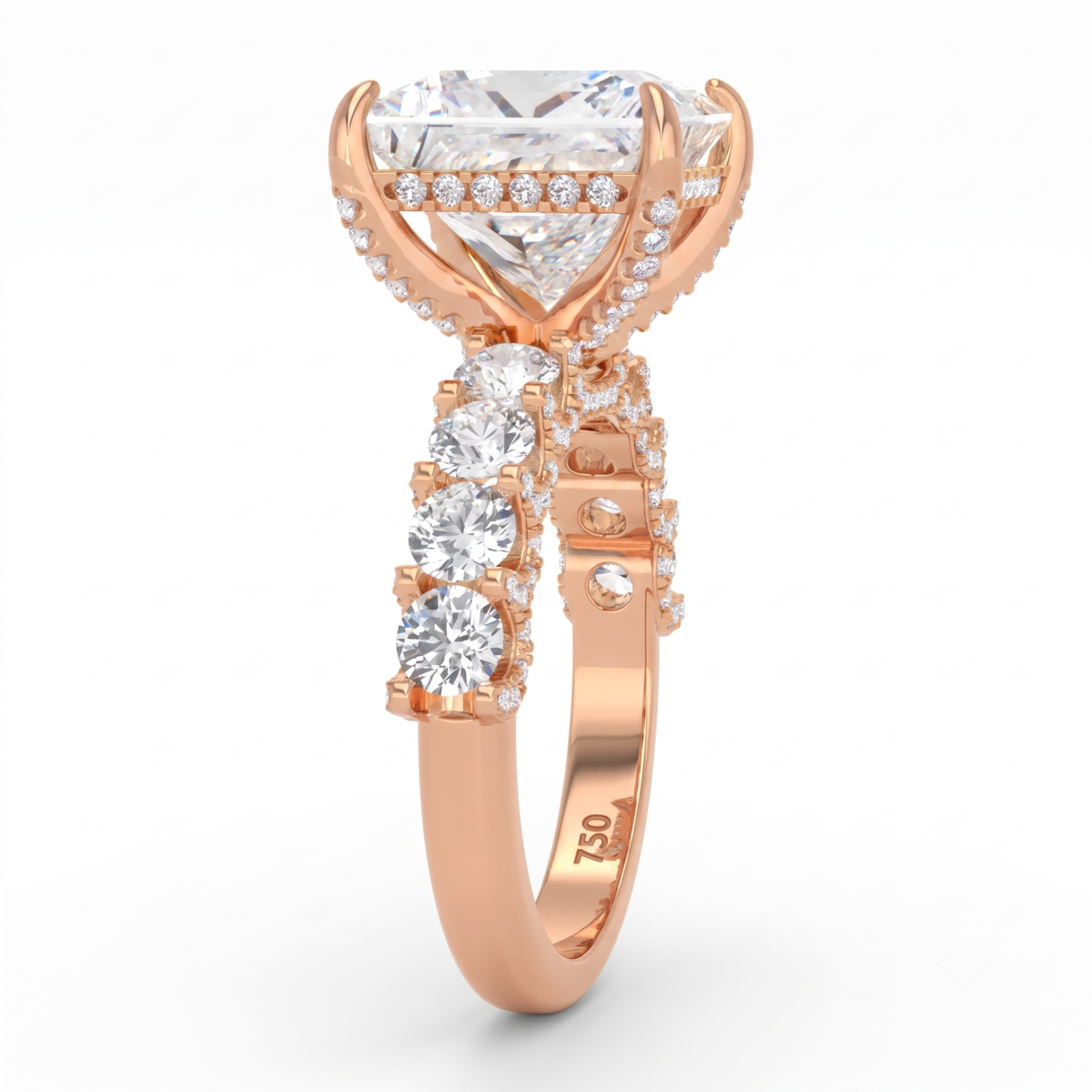 Juliette Princess Lab-Grown Diamond Engagement Ring featuring a Half-Set Diamond Band, Hidden Halo, and Pavé U-Shaped Prong Setting