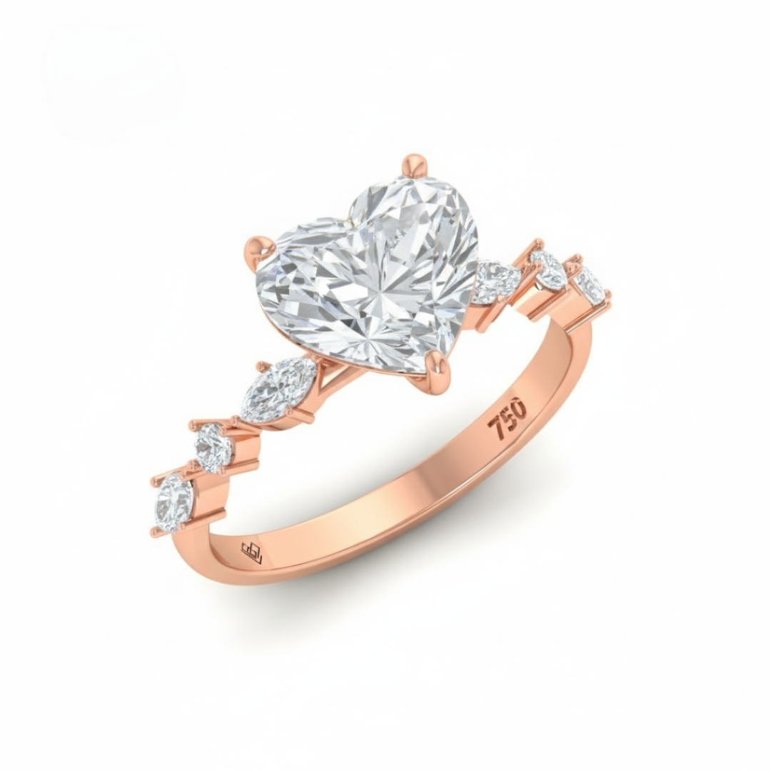 Bague de fiançailles Elizabeth en diamant taille cœur avec anneau serti de diamants taille marquise et ronde
