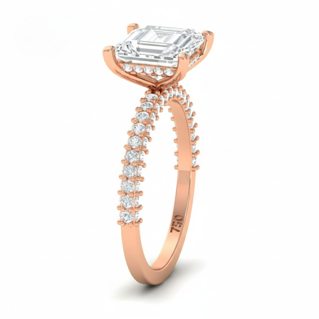 Bague de fiançailles Mia en diamant taille princesse avec halo de diamants cachés et anneau en diamant 3D