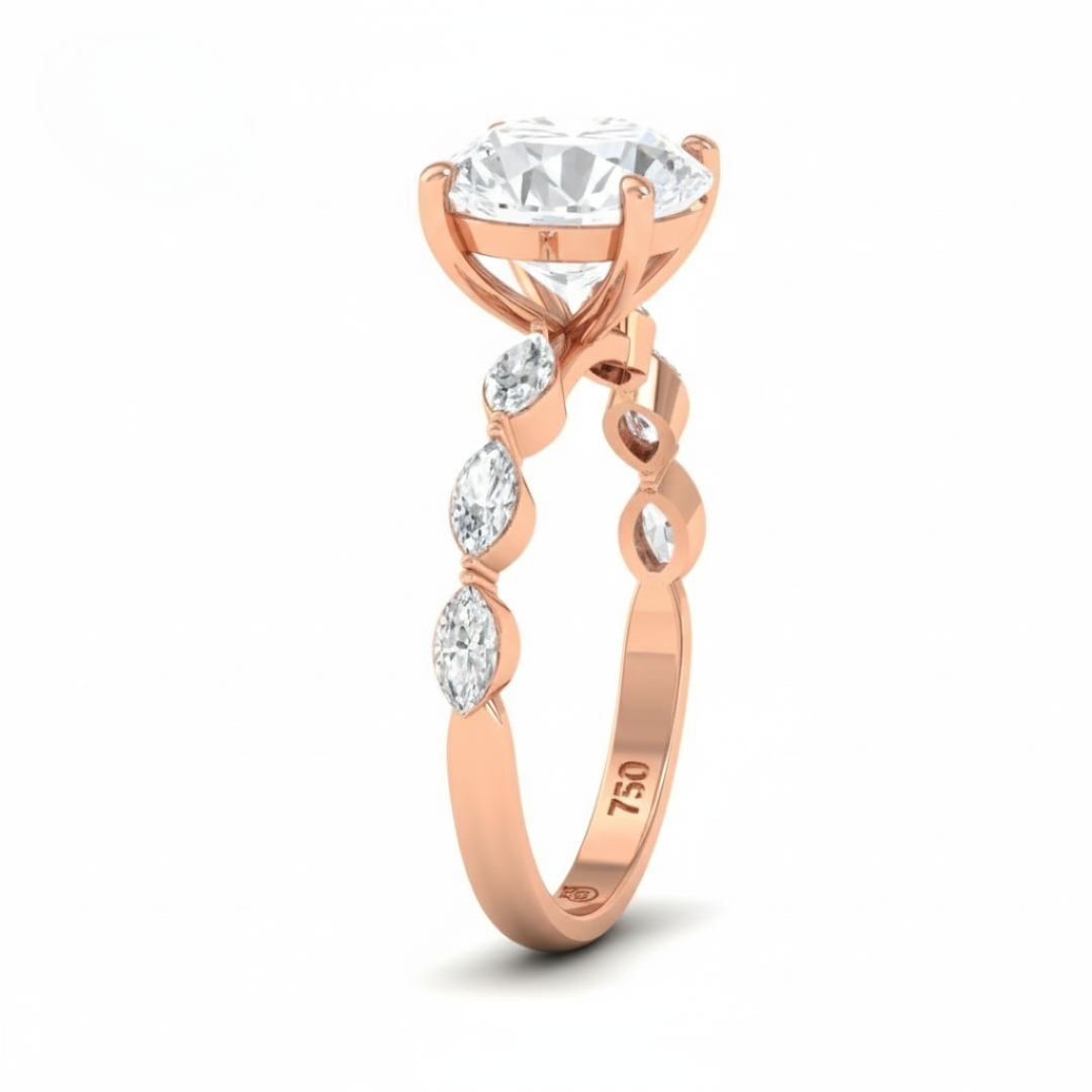 Kasandra Round Brilliant Cut Diamond Engagement Ring With A Marquise Cut Diamond Band