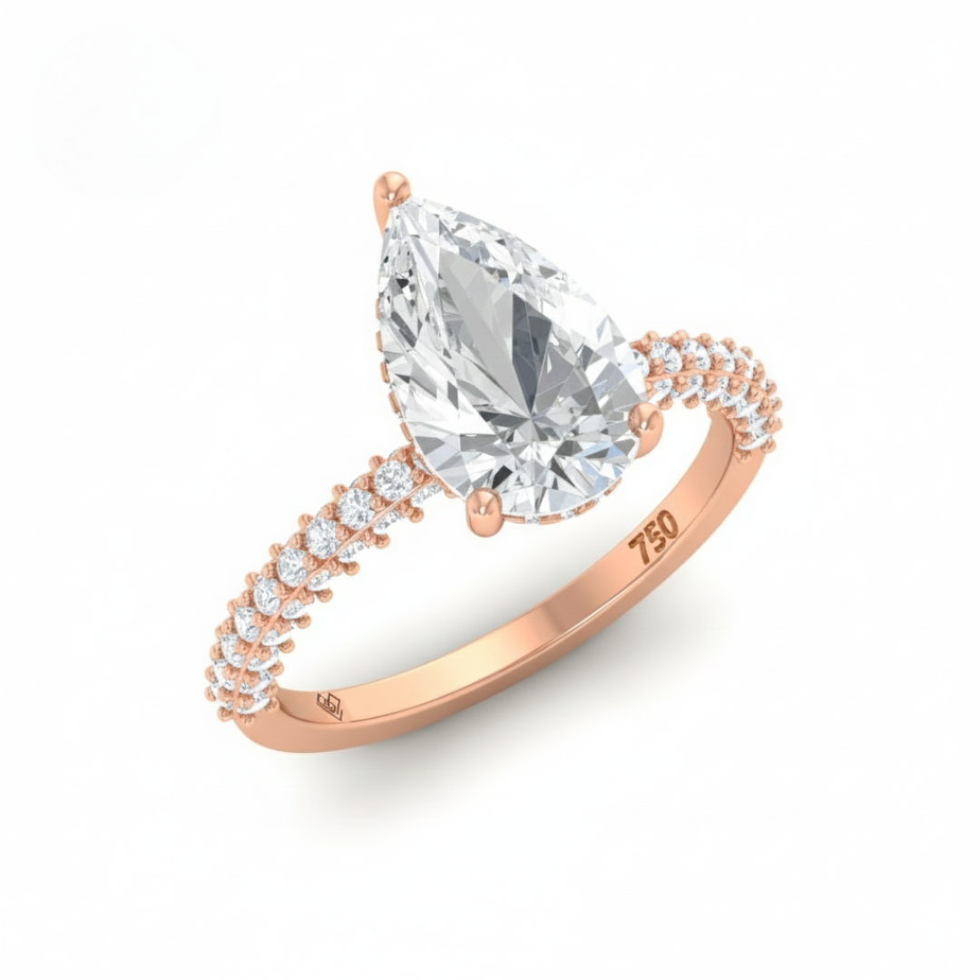 Bague de fiançailles Mia en diamant taille poire avec halo de diamants cachés et anneau en diamant 3D