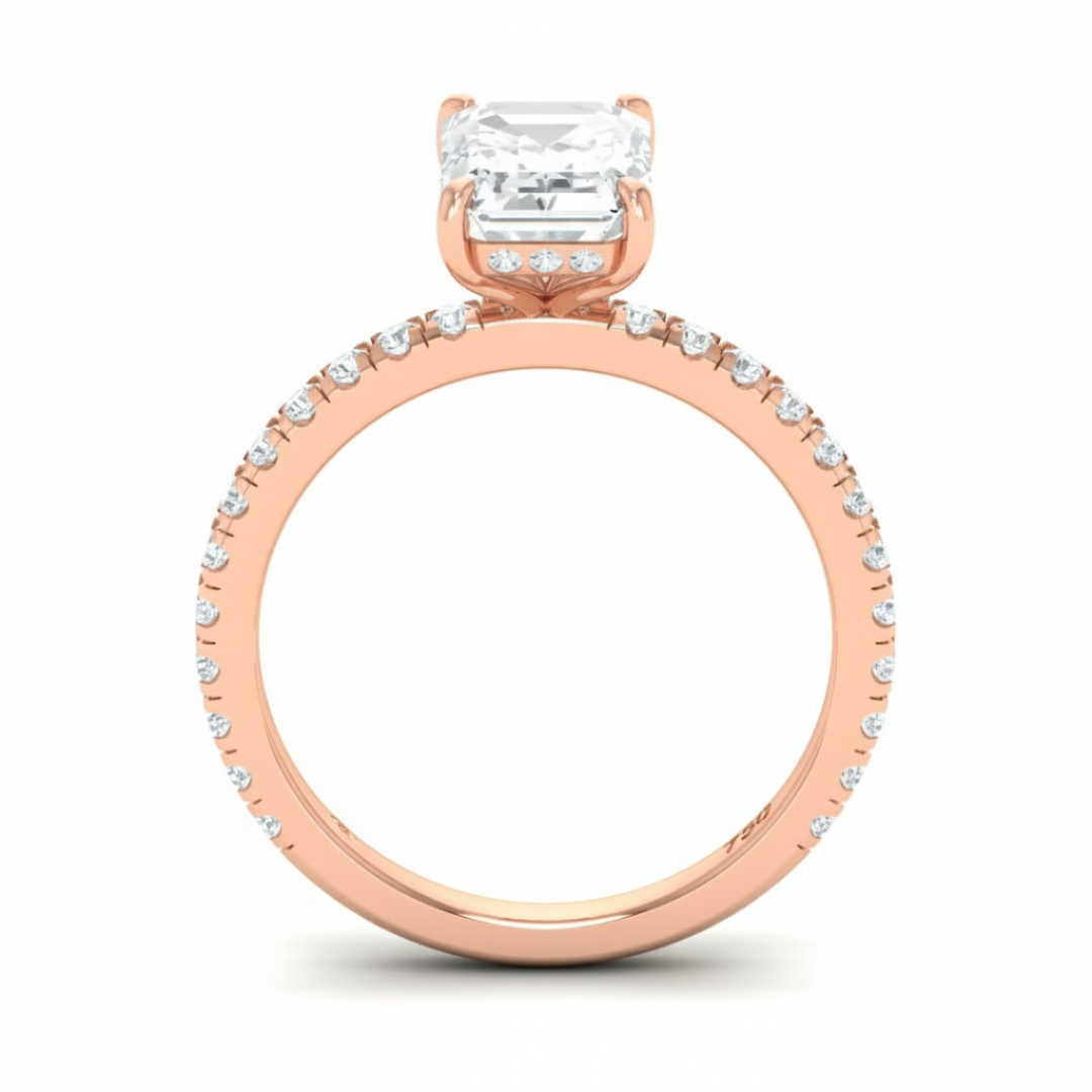 Chloé Emerald Cut Diamond Engagement Ring with Diamond Hidden Halo and Diamond Band