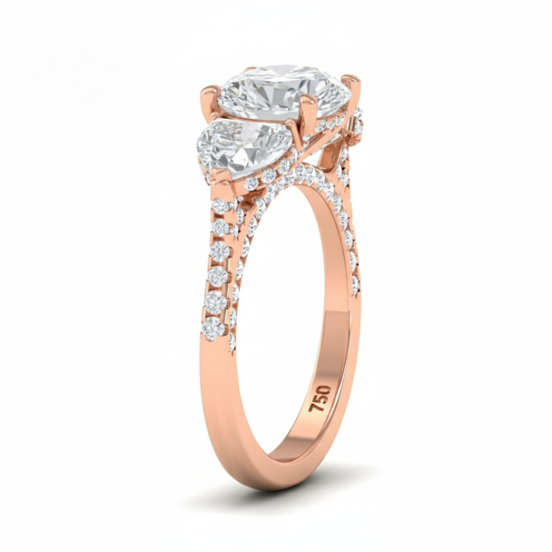 Victoria Round Brilliant Cut Diamond Engagement Ring with Heart Cut Side Diamonds and 3D Diamond Band