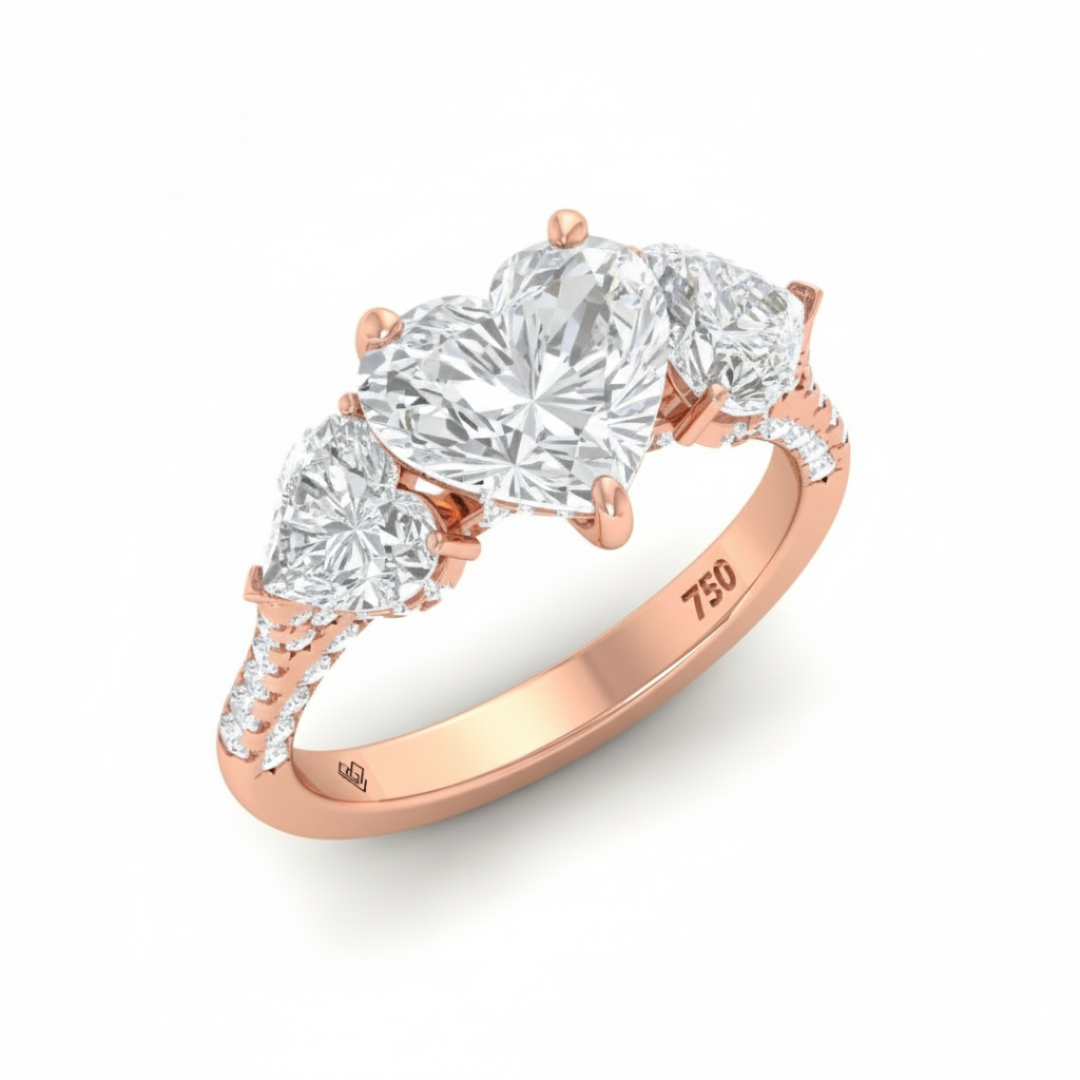 維多利亞心形切割鑽石訂婚戒指，搭配心形切割側鑽和3D鑽石戒圈