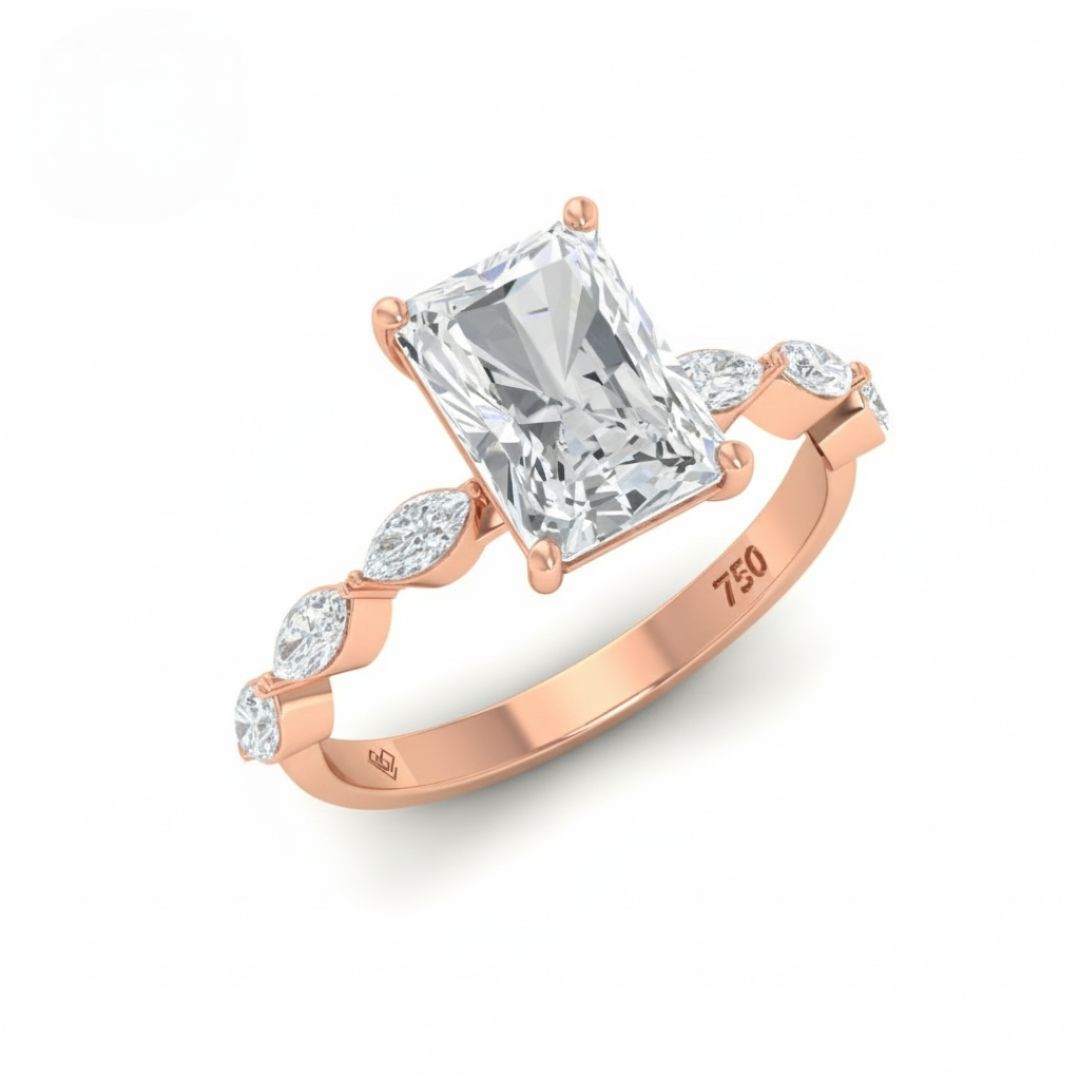 Kasandra Radiant Cut Diamond Engagement Ring With A Marquise Cut Diamond Band