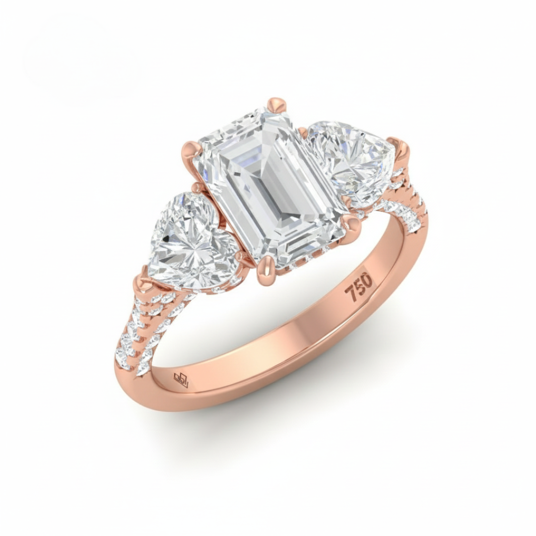 Victoria Emerald Cut Diamond Engagement Ring with Heart Cut Side Diamonds and 3D Diamond Band