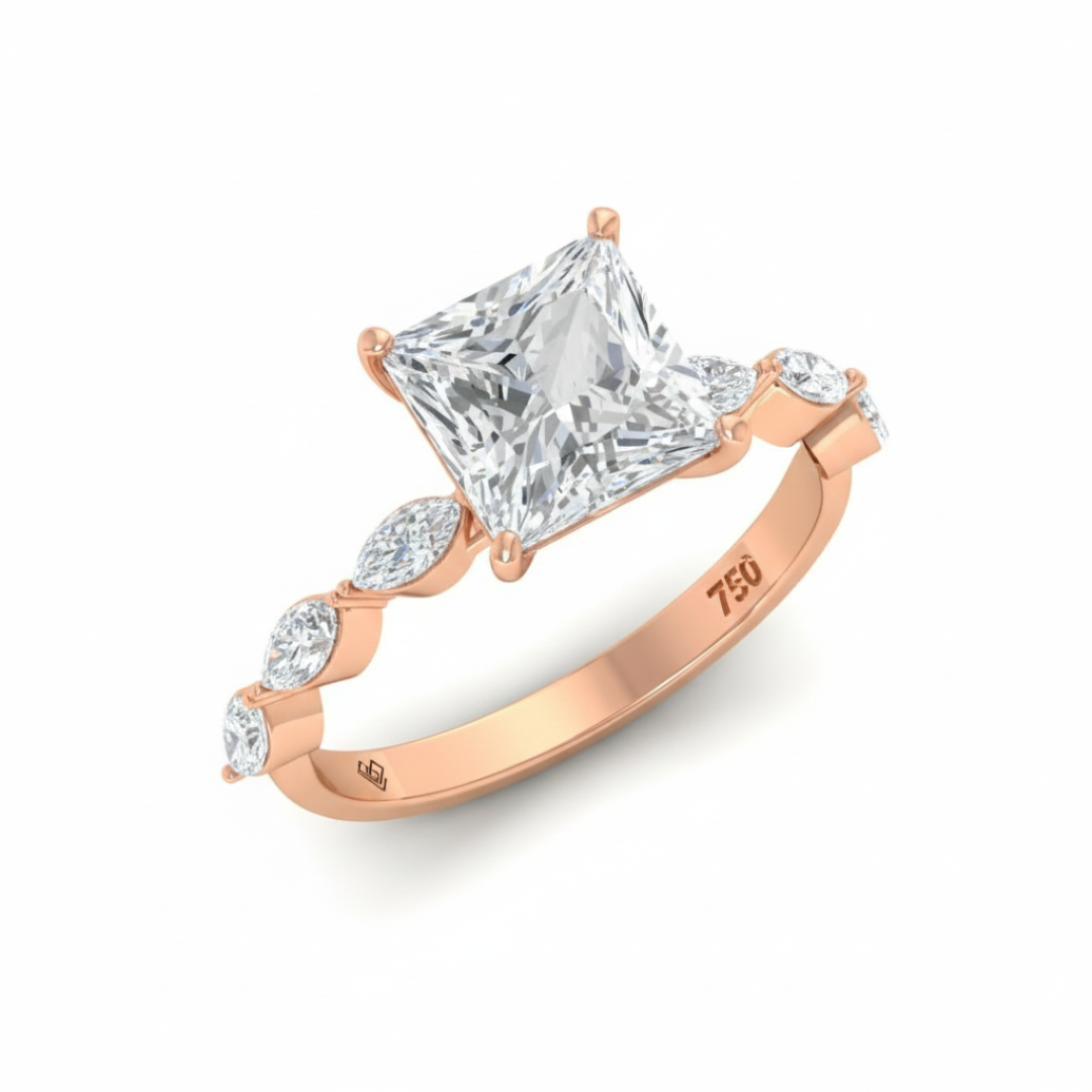 Kasandra Princess Cut Diamond Engagement Ring With A Marquise Cut and Diamond Band