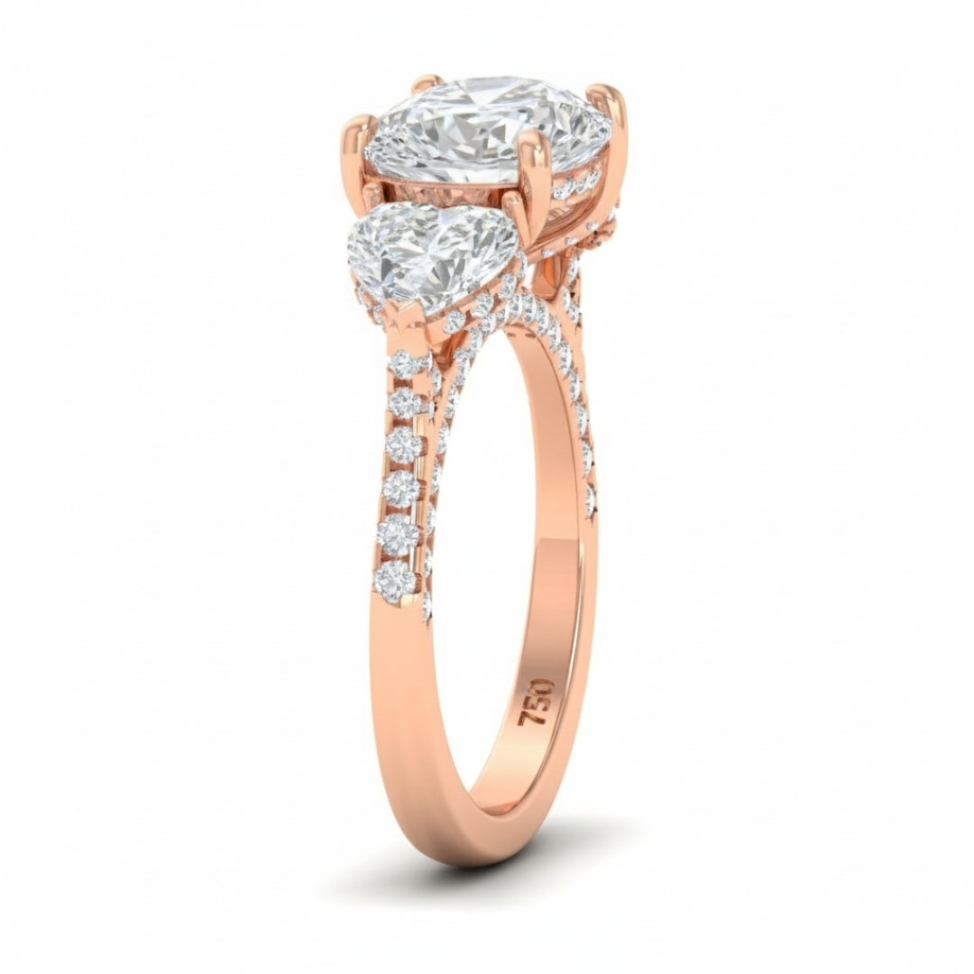 維多利亞心形切割鑽石訂婚戒指，搭配心形切割側鑽和3D鑽石戒圈