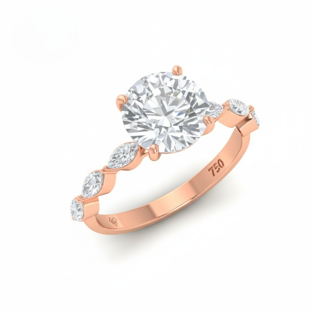 Kasandra Round Brilliant Cut Diamond Engagement Ring With A Marquise Cut Diamond Band