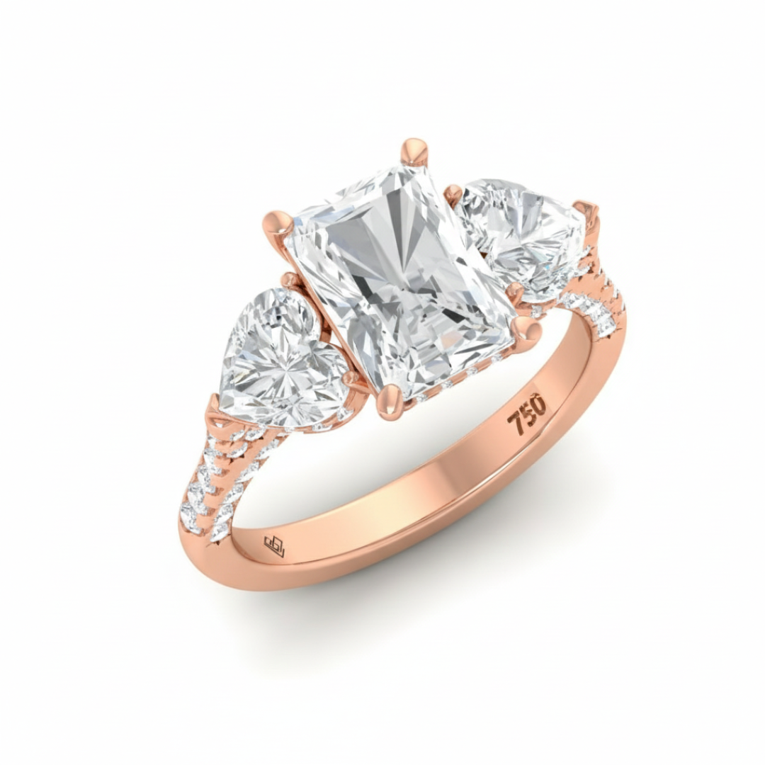 Victoria Radiant Cut Diamond Engagement Ring with Heart Cut Side Diamonds and 3D Diamond Band