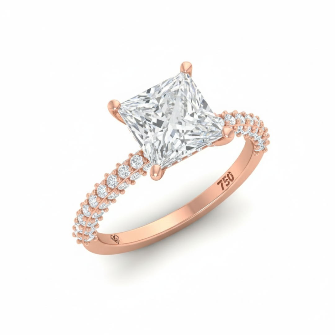 Bague de fiançailles Mia en diamant taille princesse avec halo de diamants cachés et anneau en diamant 3D