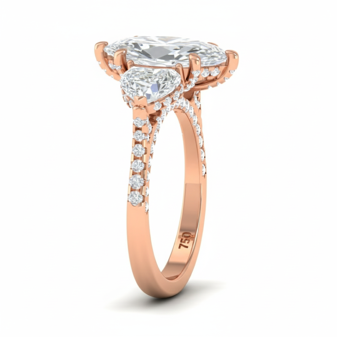 Victoria Marquise Cut Diamond Engagement Ring with Heart Cut Side Diamonds and 3D Diamond Band