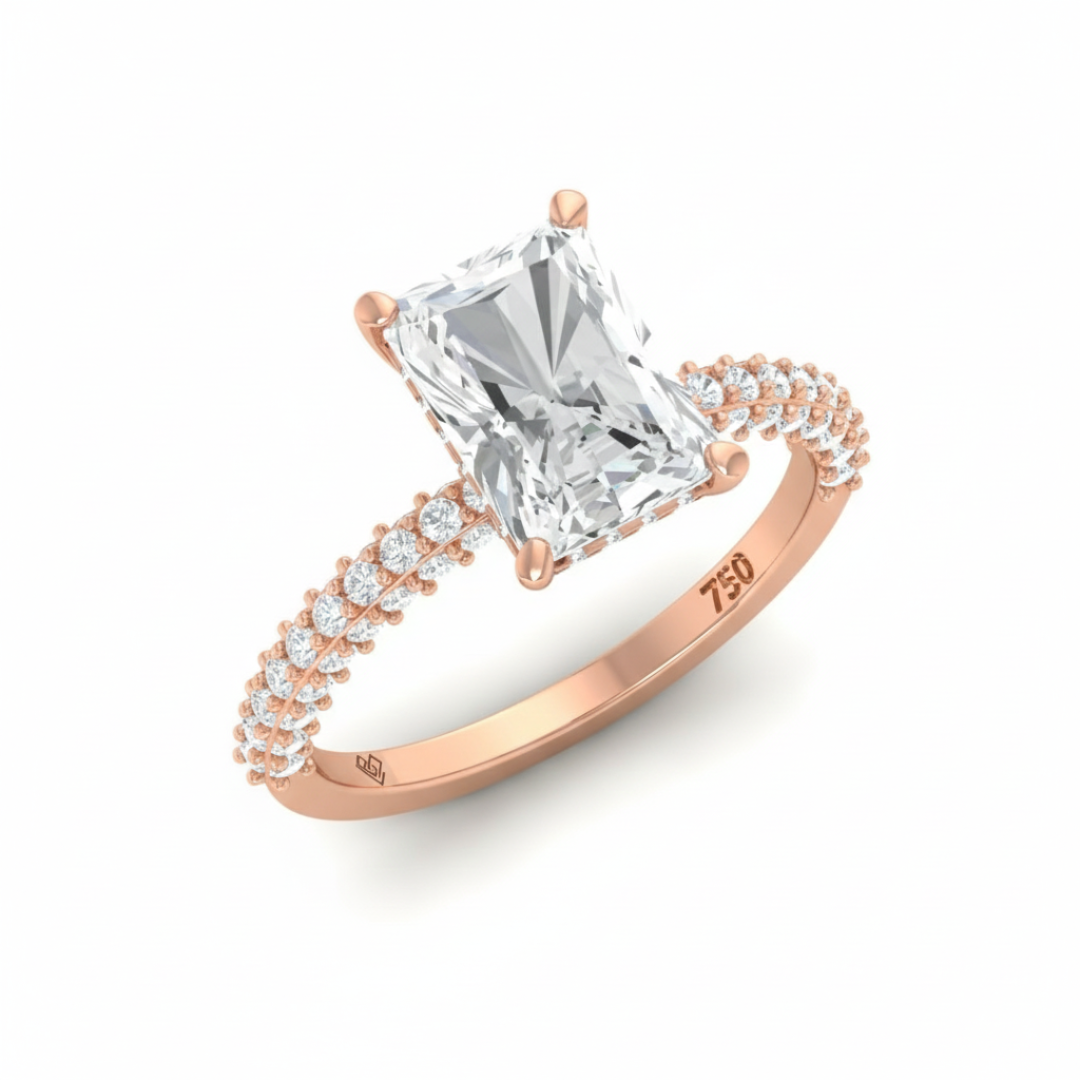 Bague de fiançailles Mia en diamant taille radiant avec halo de diamants cachés et anneau en diamant 3D