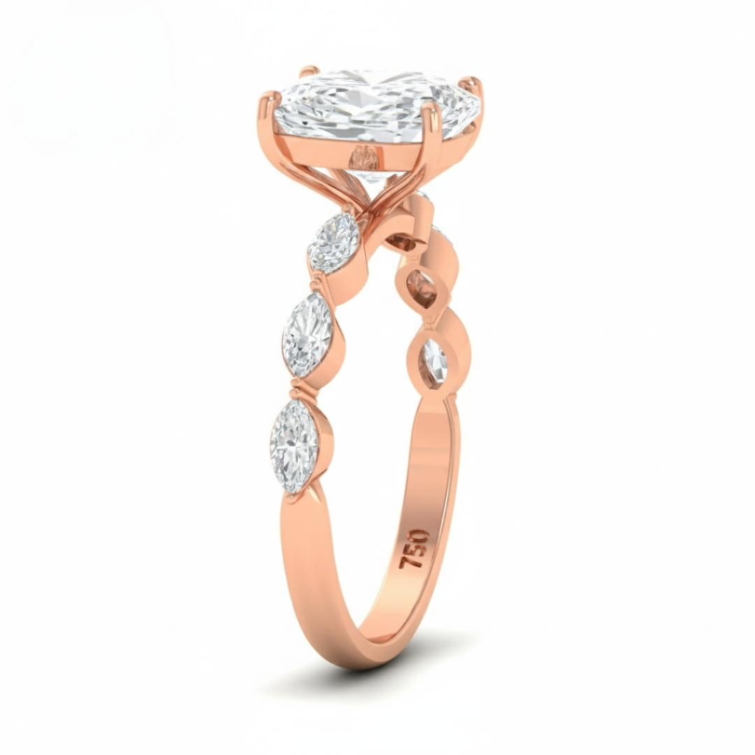 Kasandra Cushion Cut Diamond Engagement Ring With A Marquise Cut Diamond Band