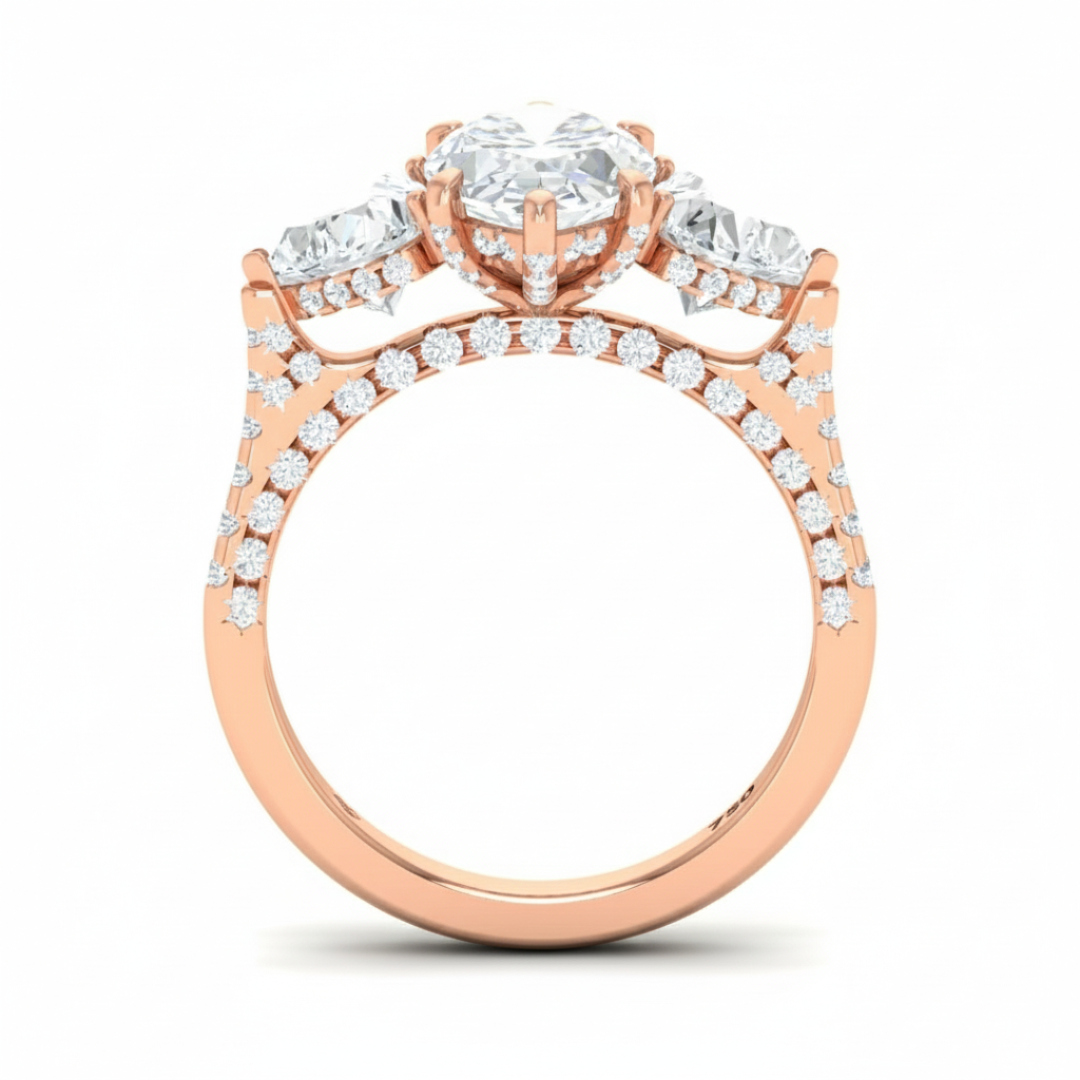 Victoria Marquise Cut Diamond Engagement Ring with Heart Cut Side Diamonds and 3D Diamond Band