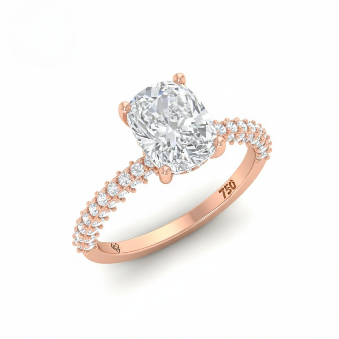 Mia Cushion Cut Diamond Engagement Ring with Diamond Hidden Halo and 3D Diamond Band