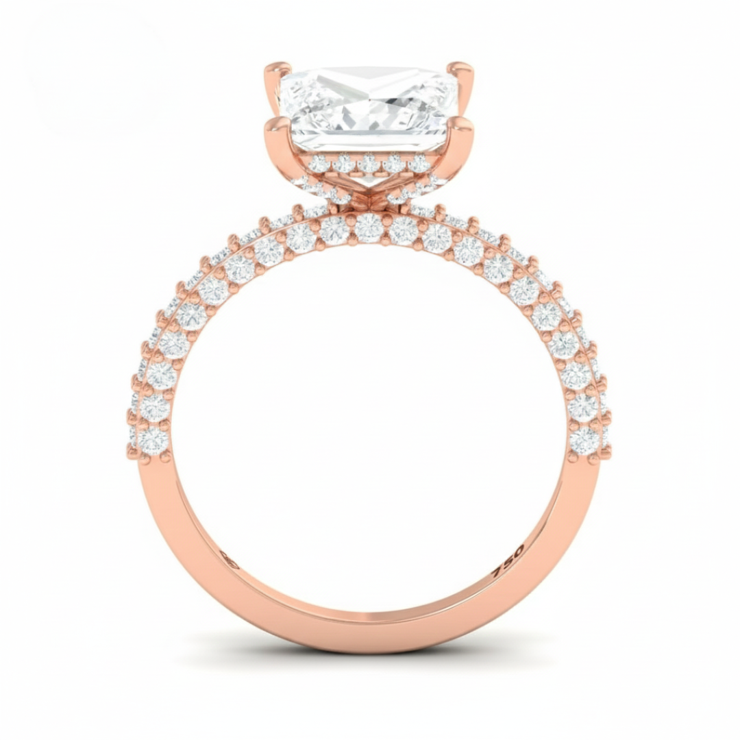 Bague de fiançailles Mia en diamant taille princesse avec halo de diamants cachés et anneau en diamant 3D
