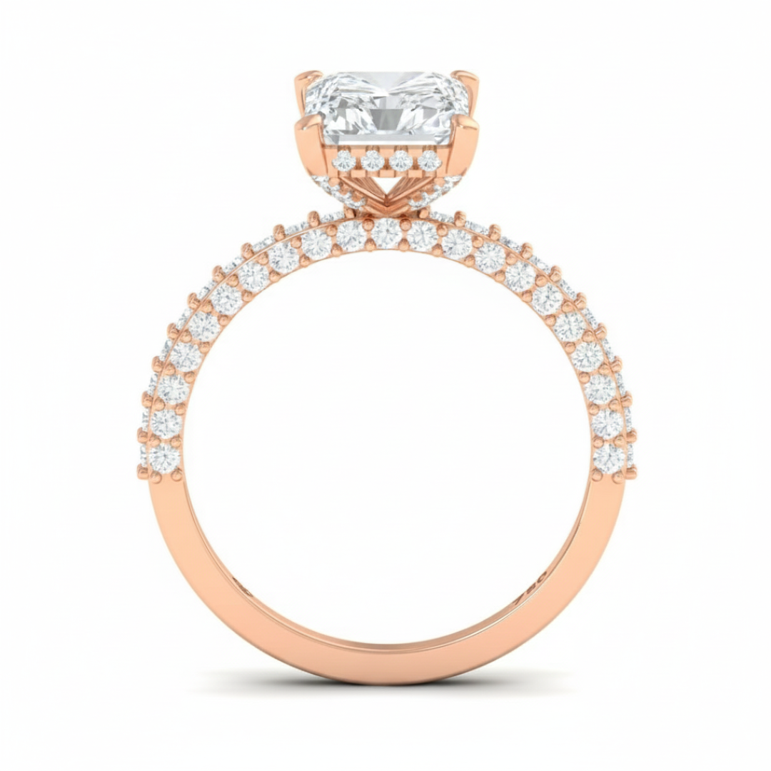 Bague de fiançailles Mia en diamant taille radiant avec halo de diamants cachés et anneau en diamant 3D