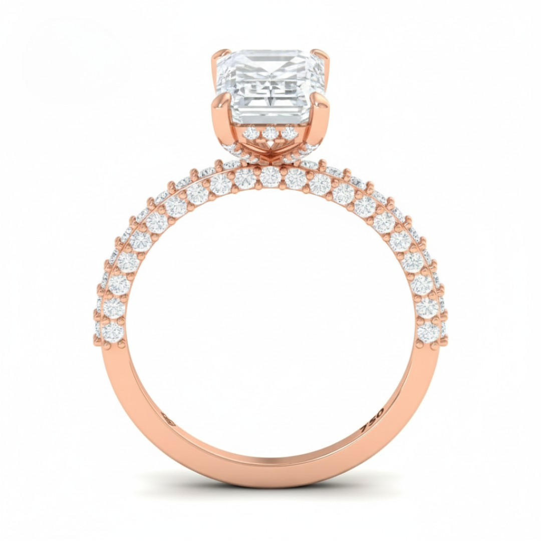 Mia Emerald Cut Diamond Engagement Ring with Diamond Hidden Halo and 3D Diamond Band