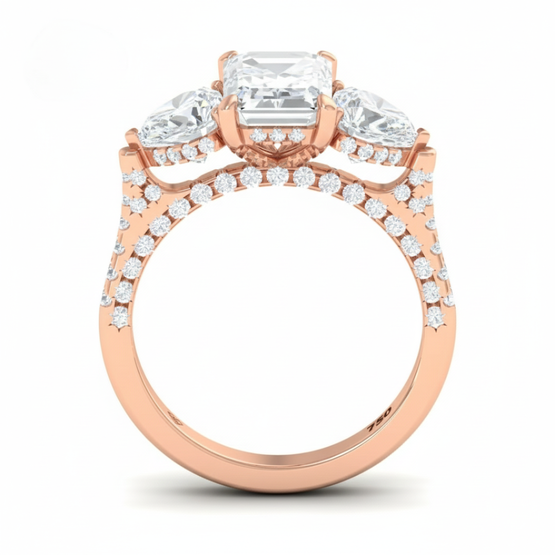 Victoria Emerald Cut Diamond Engagement Ring with Heart Cut Side Diamonds and 3D Diamond Band