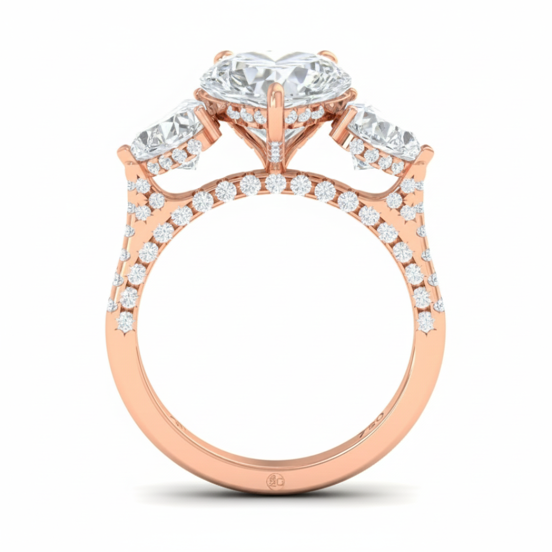 維多利亞心形切割鑽石訂婚戒指，搭配心形切割側鑽和3D鑽石戒圈