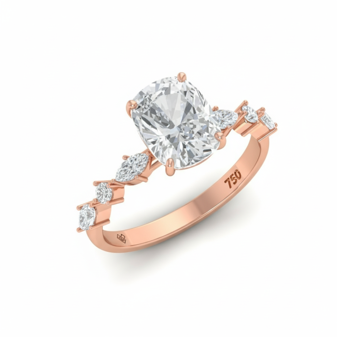 Elizabeth Cushion Diamond Engagement Ring With A Marquise and Round Cut Diamond Band