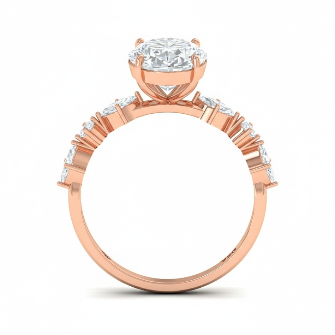 Elizabeth Oval Cut Diamond Engagement Ring With A Marquise And Round Cut Diamond Band.