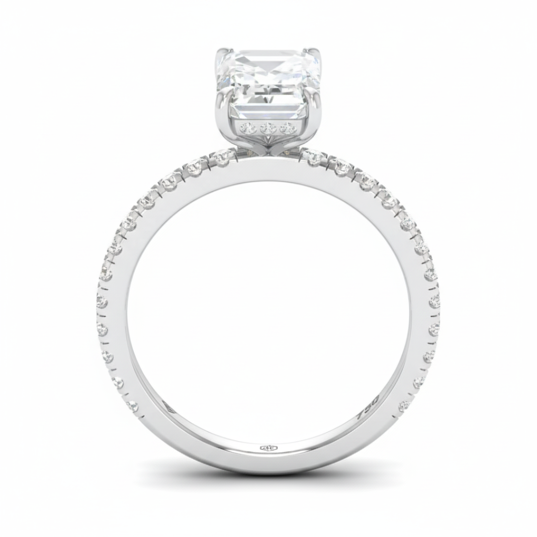 Chloé Emerald Cut Diamond Engagement Ring with Diamond Hidden Halo and Diamond Band