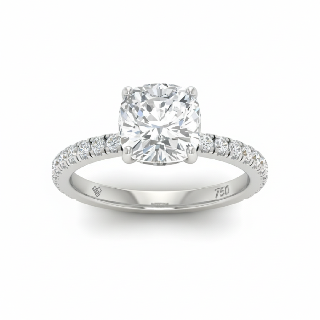 Chloé Cushion Cut Diamond Engagement Ring with Diamond Hidden Halo and Diamond Band