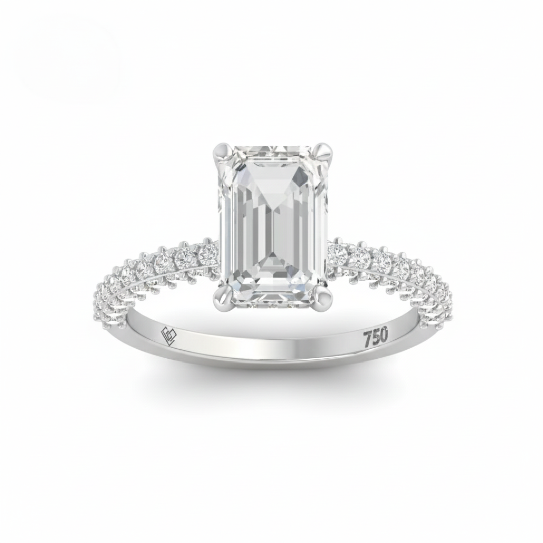 Mia Emerald Cut Diamond Engagement Ring with Diamond Hidden Halo and 3D Diamond Band
