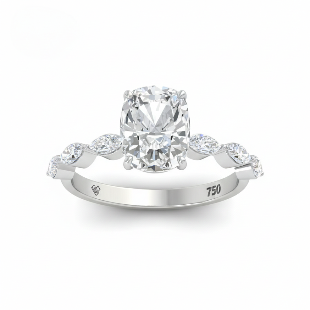 Kasandra Cushion Cut Diamond Engagement Ring With A Marquise Cut Diamond Band