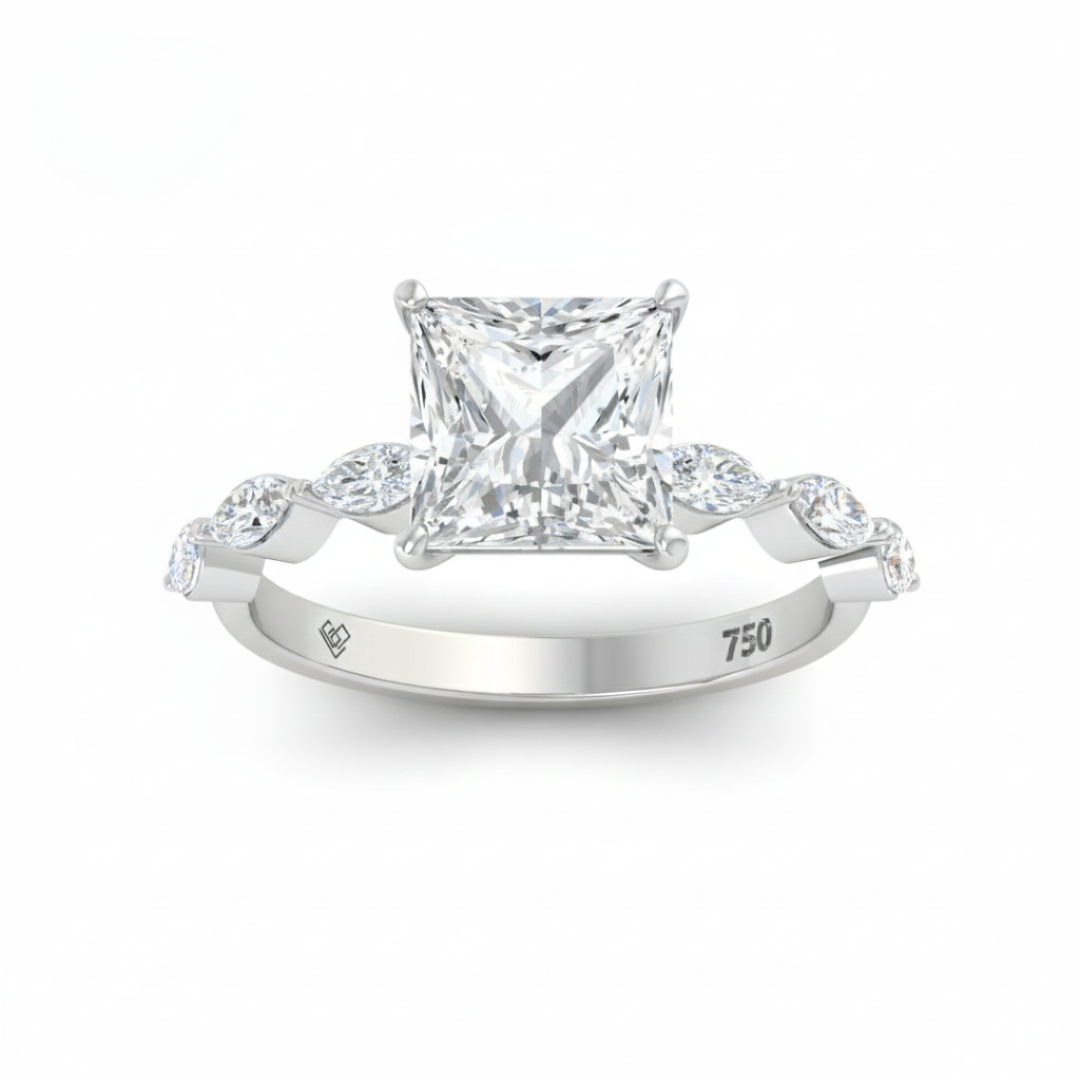 Kasandra Princess Cut Diamond Engagement Ring With A Marquise Cut and Diamond Band