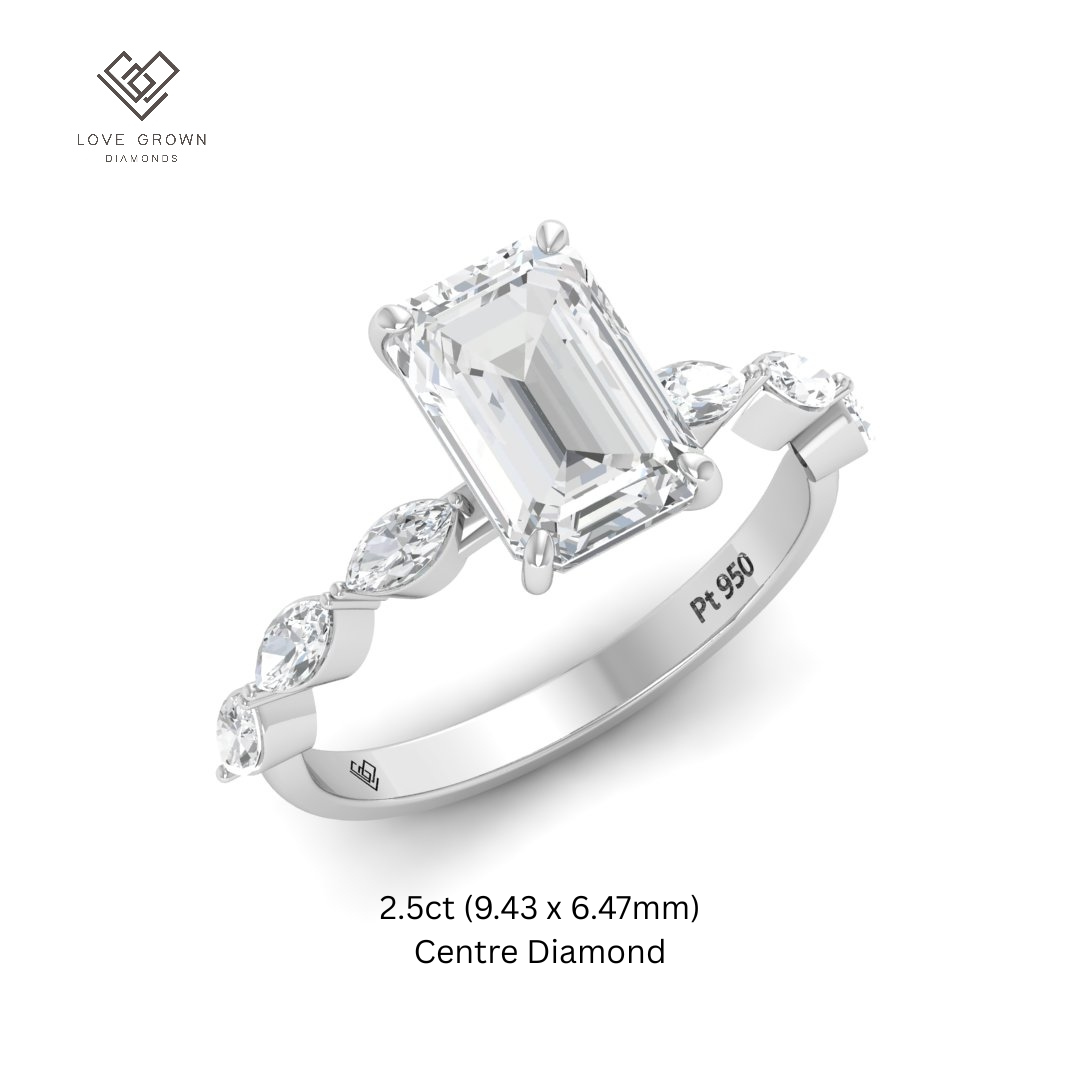 Kasandra Emerald Cut Diamond Engagement RIng With A Marquise Cut Diamonds Band