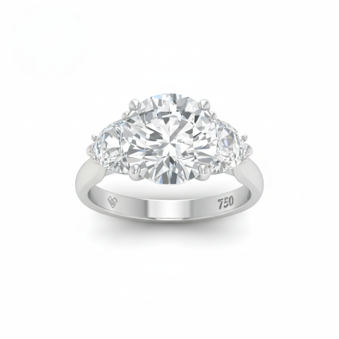 Kamala Round Brilliant Cut Diamond Engagement Ring With Half Moon Cut Side Diamond