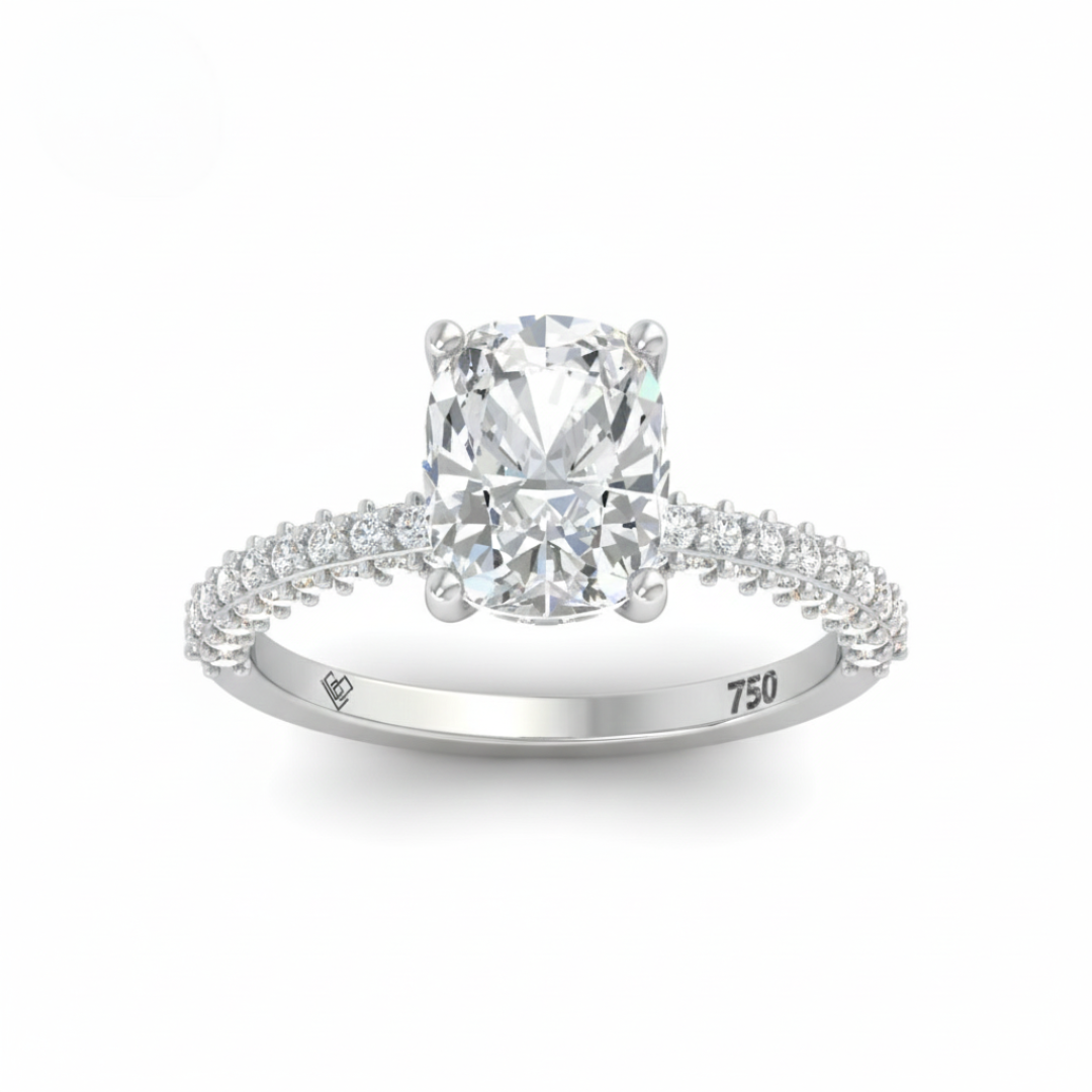Mia Cushion Cut Diamond Engagement Ring with Diamond Hidden Halo and 3D Diamond Band
