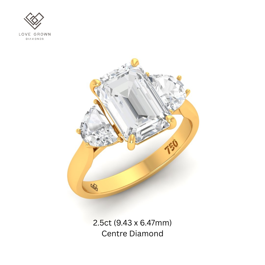 Kamala Emerald Cut Diamond Engagement Ring with Half Moon Cut Sides Diamonds