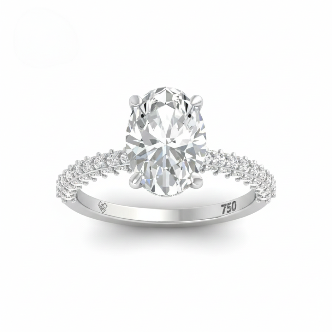 Mia Oval Cut Diamond Engagement Ring With Diamond Hidden Halo And 3D Diamond Band