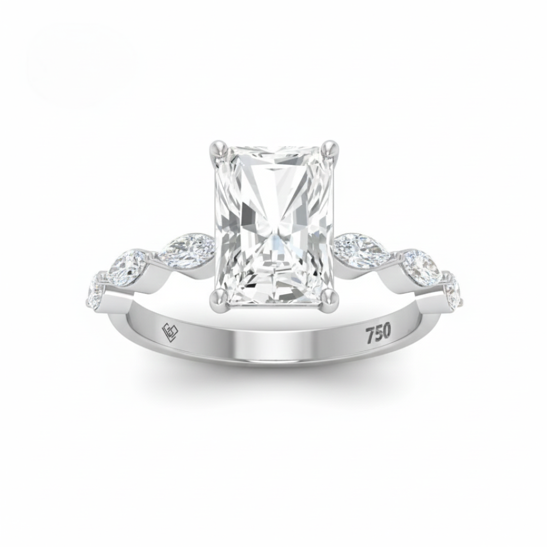 Kasandra Radiant Cut Diamond Engagement Ring With A Marquise Cut Diamond Band