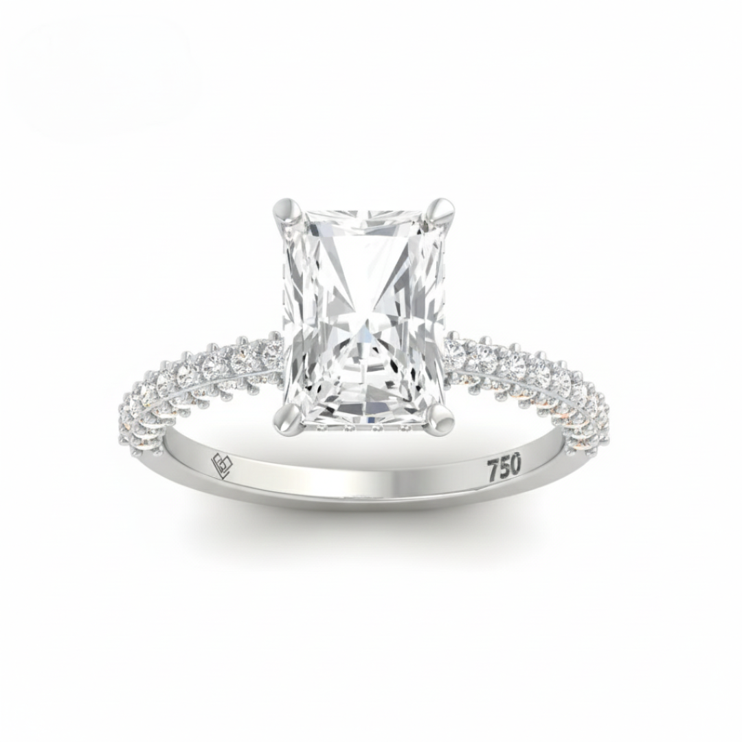 Bague de fiançailles Mia en diamant taille radiant avec halo de diamants cachés et anneau en diamant 3D