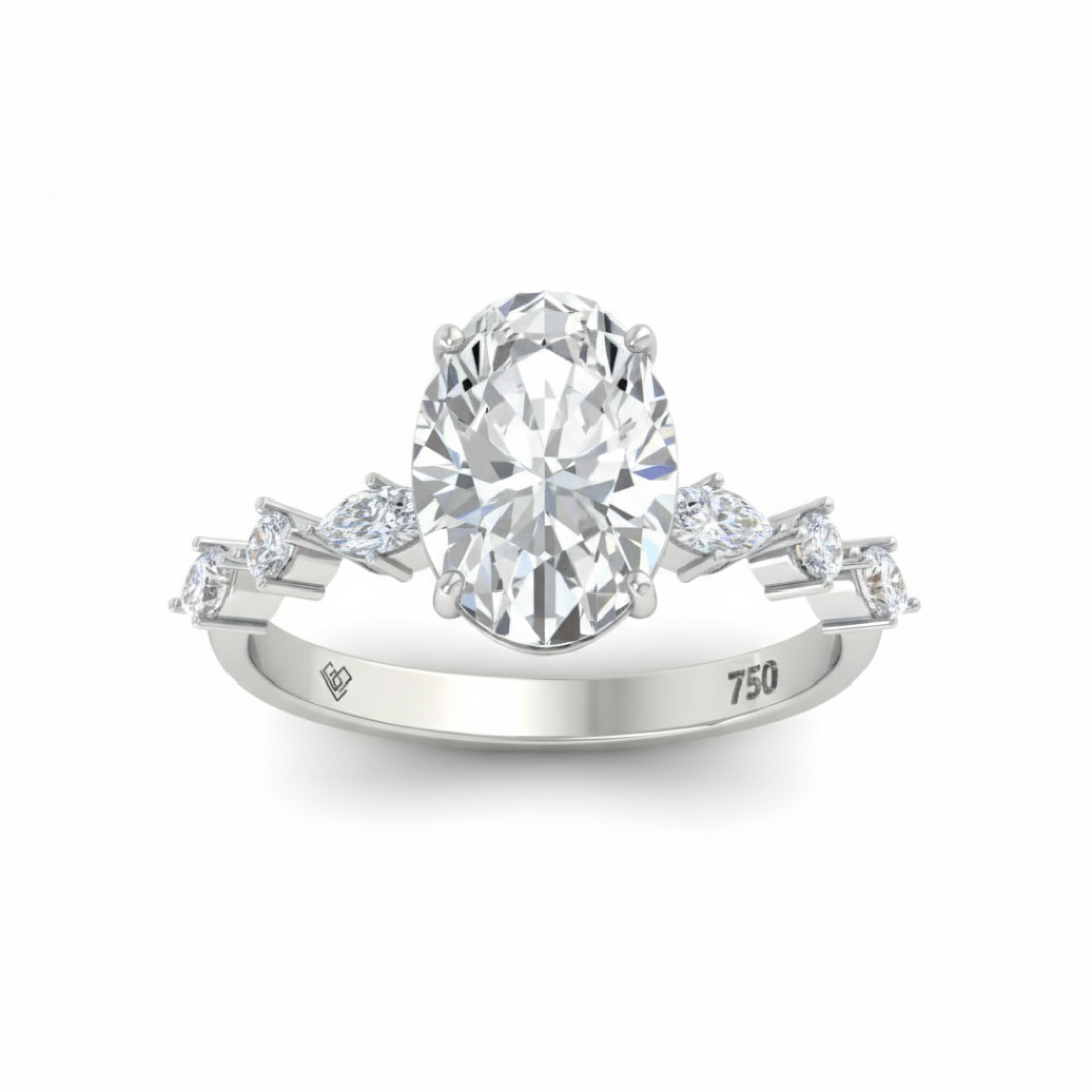 Elizabeth Oval Cut Diamond Engagement Ring With A Marquise And Round Cut Diamond Band.