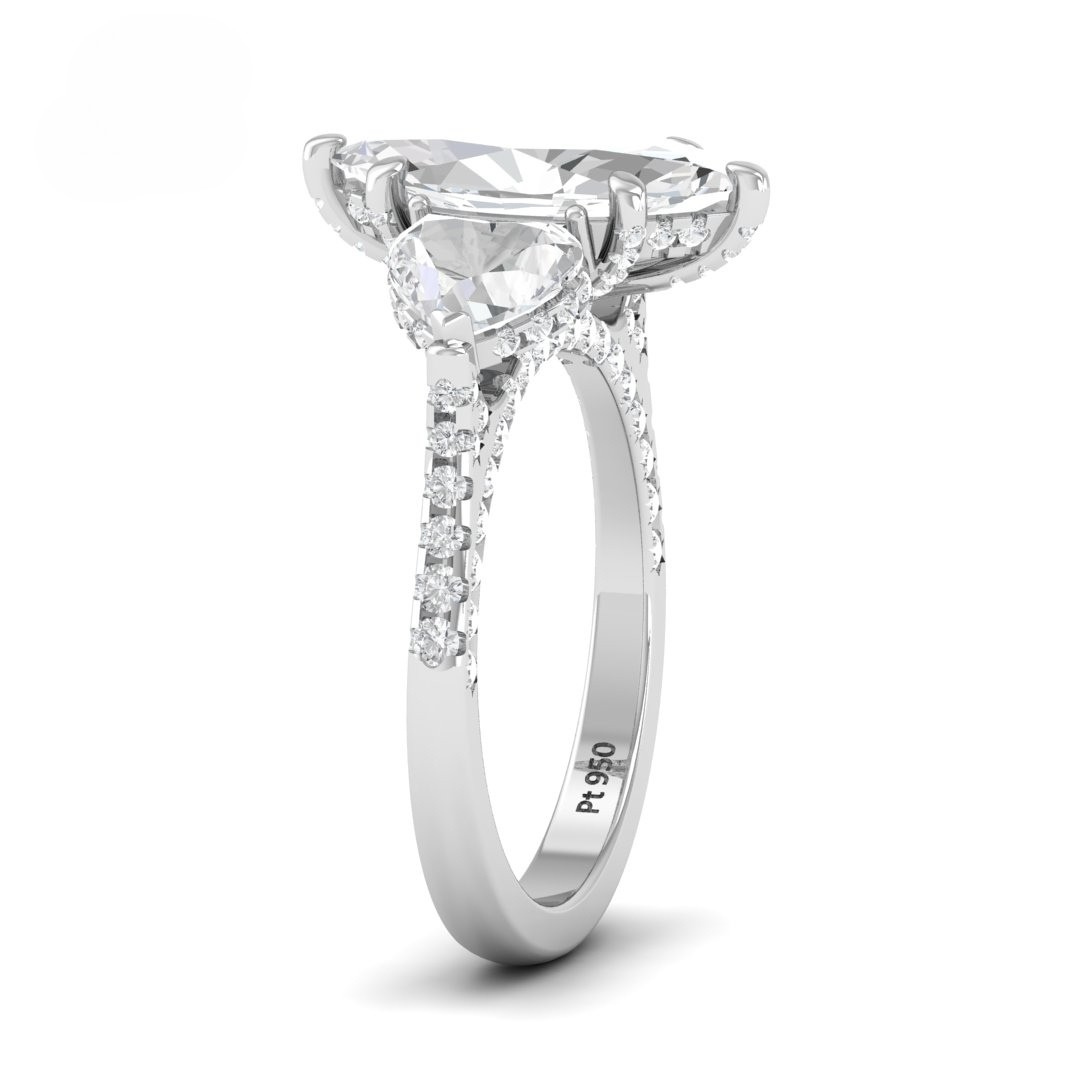Victoria Marquise Cut Diamond Engagement Ring with Heart Cut Side Diamonds and 3D Diamond Band