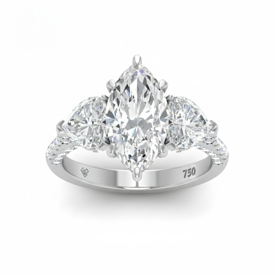 Victoria Marquise Cut Diamond Engagement Ring with Heart Cut Side Diamonds and 3D Diamond Band