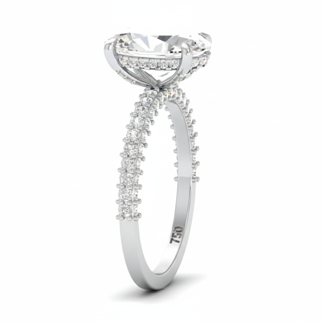 Mia Oval Cut Diamond Engagement Ring With Diamond Hidden Halo And 3D Diamond Band