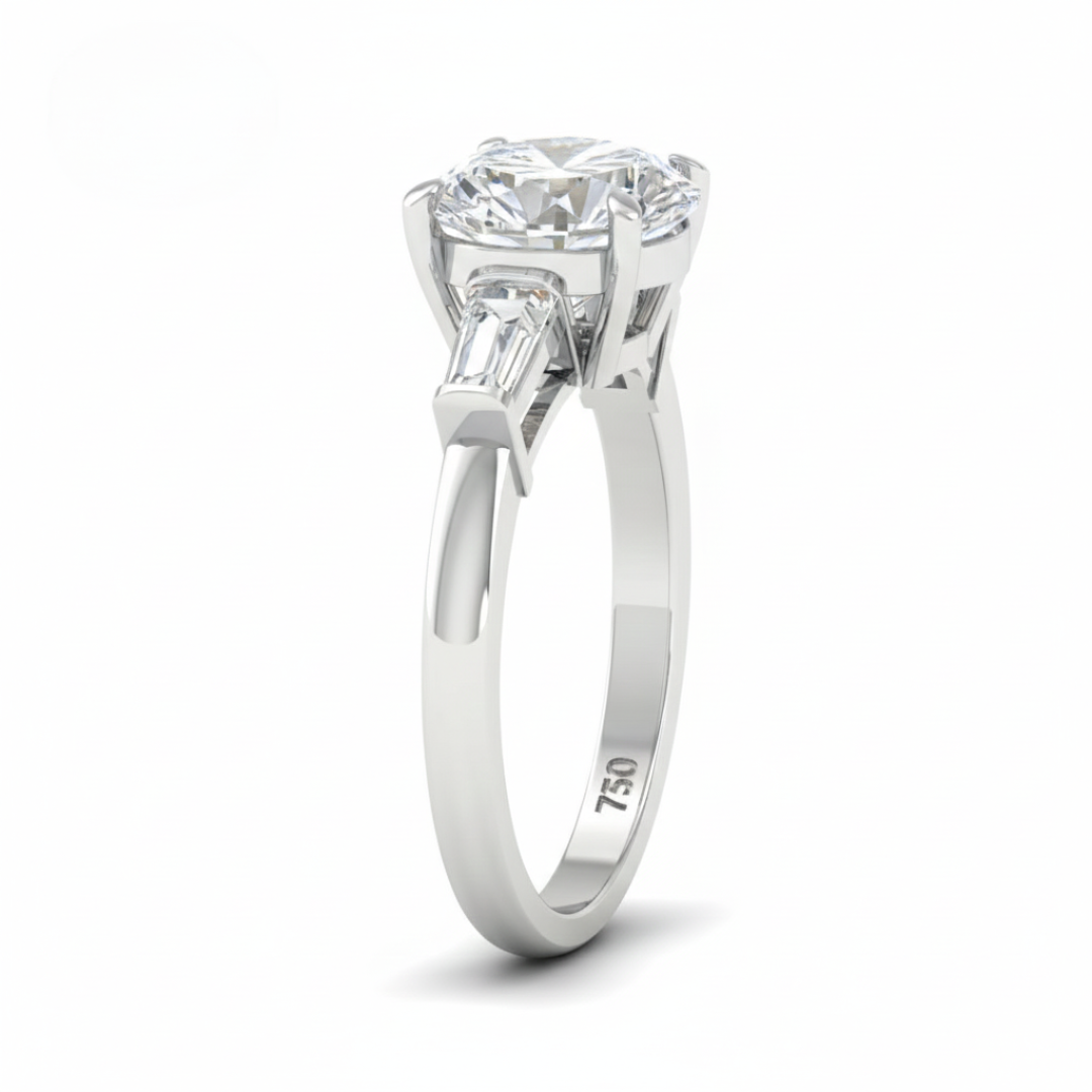 Mary Round Brilliant Cut Diamond Engagement Ring With Tapering Baguette Cut Side Diamond
