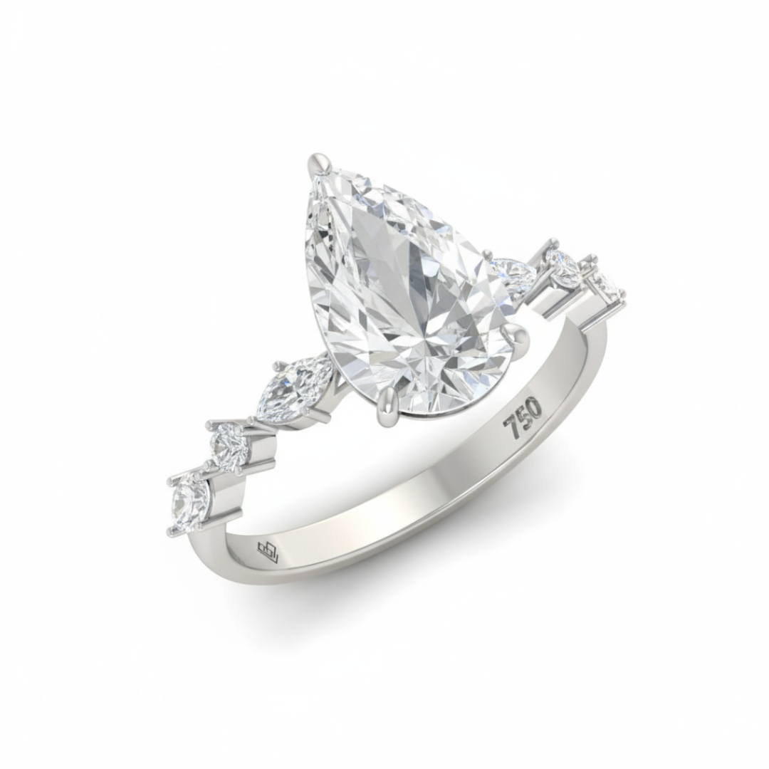 Elizabeth Pear Cut Diamond Engagement Ring With A Marquise And Round Cut Diamond Band